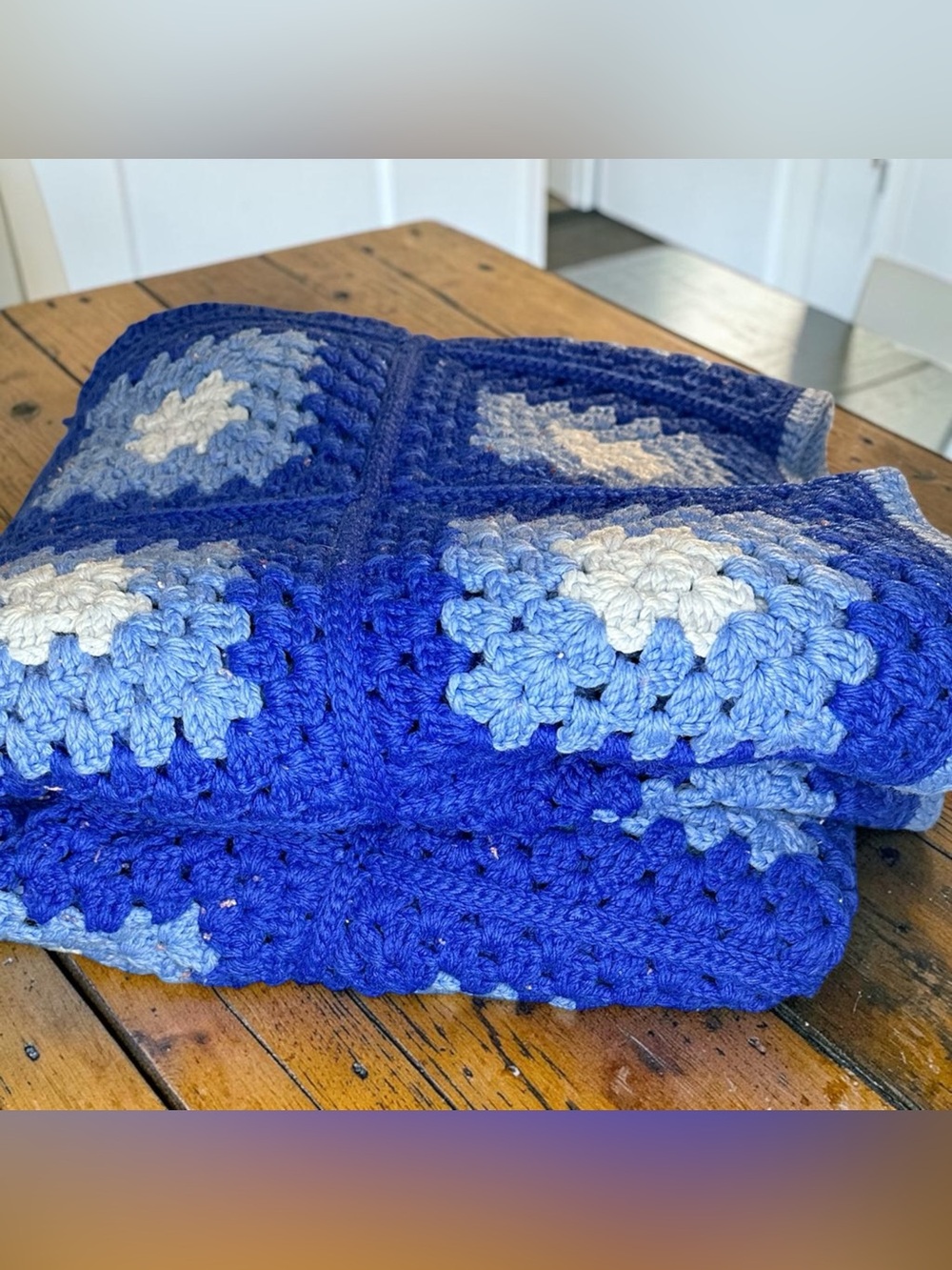 VTG Handmade Crochet Granny Square Afghan 56x56 Blue White Ombre Boho Coastal